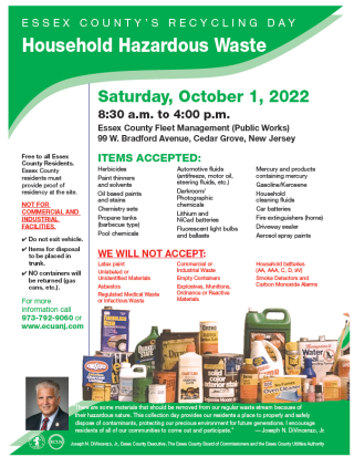 Essex County Household Hazardous Recycling Day on October 1, 2022