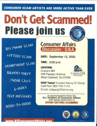 NJDCA Senior Scam Event Flyer at Crane's Mill